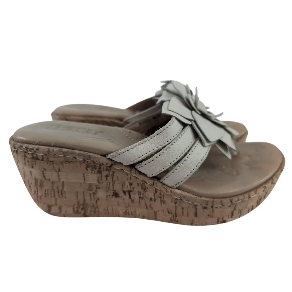 Born Sandal Womens 6 Beige Wedge Platform Slip On‎ Cork Flower Boho Chic